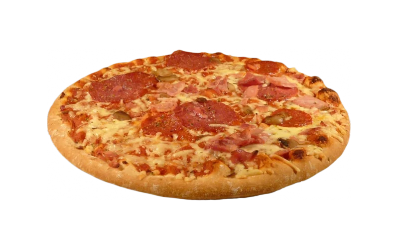 Pizza de massa grossa com fatias de calabresa e queijo