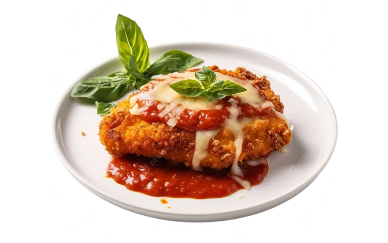 Filé à parmegiana com molho de tomate, queijo derretido e manjericão em prato branco